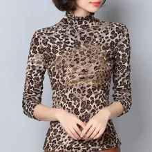 Весна осень женские модные тонкие гофрированные воротнички с длинным рукавом леопардовые бисероплетения под рубашки женские оптом футболки топы хит