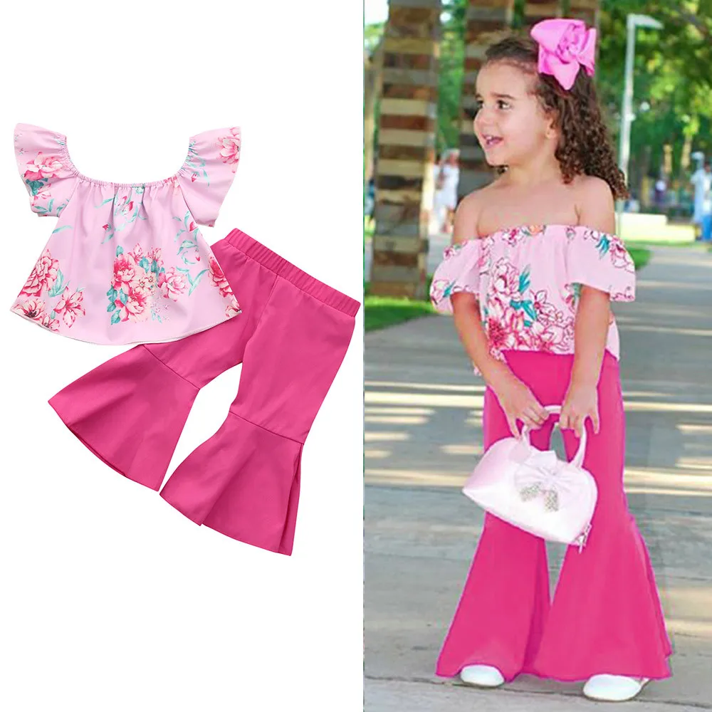 

2Pcs Kids Girls Floral Off Shoulder Tops+Pants Set Outfits Clothes For Summer