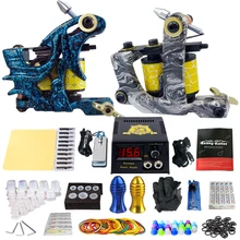 Beginner Complete Tattoo Kit 2 Professional Tattoo Machine Kit Coil Machine Guns Power Supply Needle Grips Set TK202-7