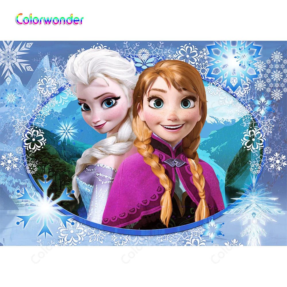 

Princess Anna with Frozen Queen Elsa Photography Background Beautiful Town Ice World Birthday Backdrops for Photo Booth Studio