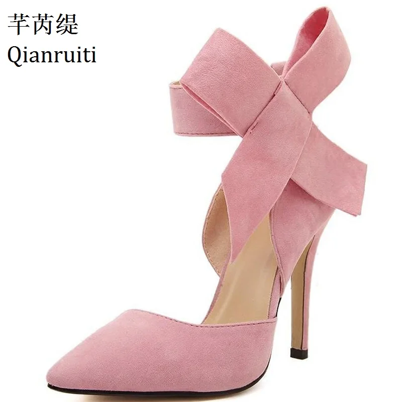 

Qianruiti Pink Red Green Faux Suede Stiletto Heels Women Shoes Pointed Toe Women Pumps Butterfly-Knot Strappy High Heels Shoes