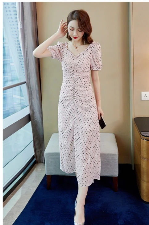 

Vintage Pink Dot Chiffon Midi Dress Short Sleeve Pleated Party Bodycon Dress Vestidos De Verano