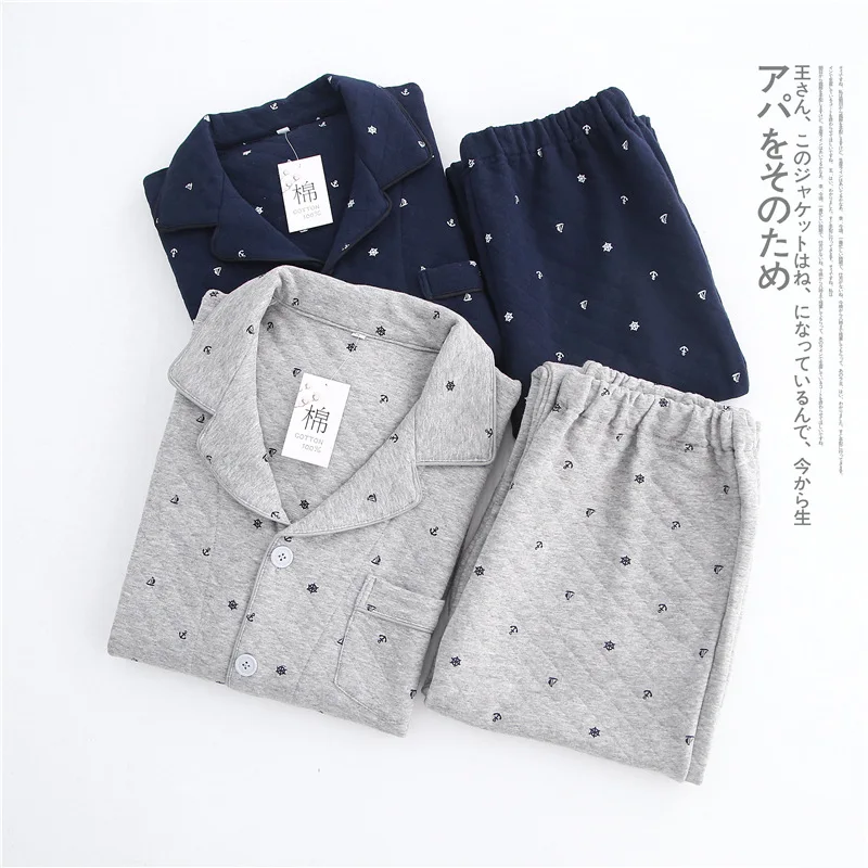 Japanese simple plaid Winter keep warm pajama sets men Navy style thicken 100% scuba cotton indoor sleepwear men homewear soft cotton pyjamas