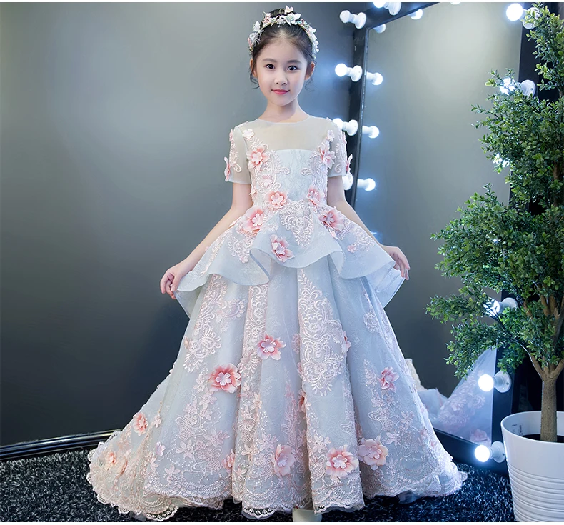 Vestidos de comunion 2018 новый кружева 1/2 рукава со шлейфом цвет небесно-синий цветок платья для девочек для Свадьбы Роскошные праздничное платье для