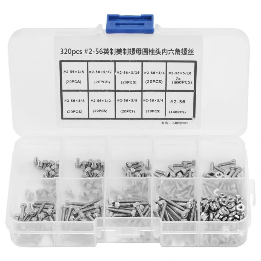 

320pcs #2-56 Self Tapping Screw Stainless Steel Hex Socket Cap Head Bolts Hex Wood Screw Assortment Kit tornillos para madera