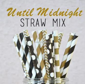 

125pcs Mixed Colors Until Midnigh Black and Gold Paper Straws,Gold Stripe Chevron,Black Stripe and Black with White Dots.
