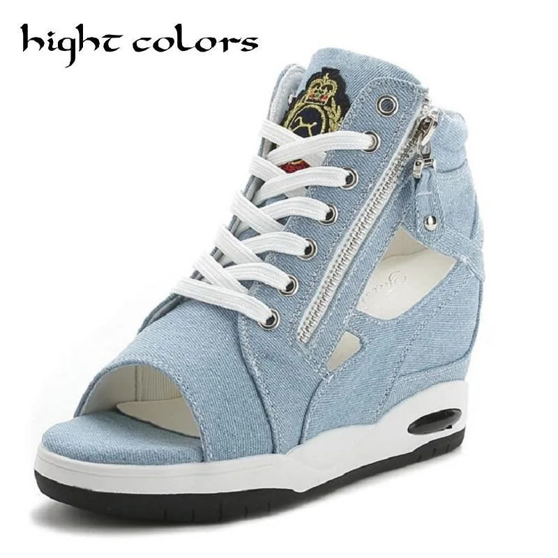 

Summer Cool Ladies Denim Sandals Side Zipper Open Toe Casual Shoes Fashion Cutout Wedges Heel Rome Sandals For Women Sliver