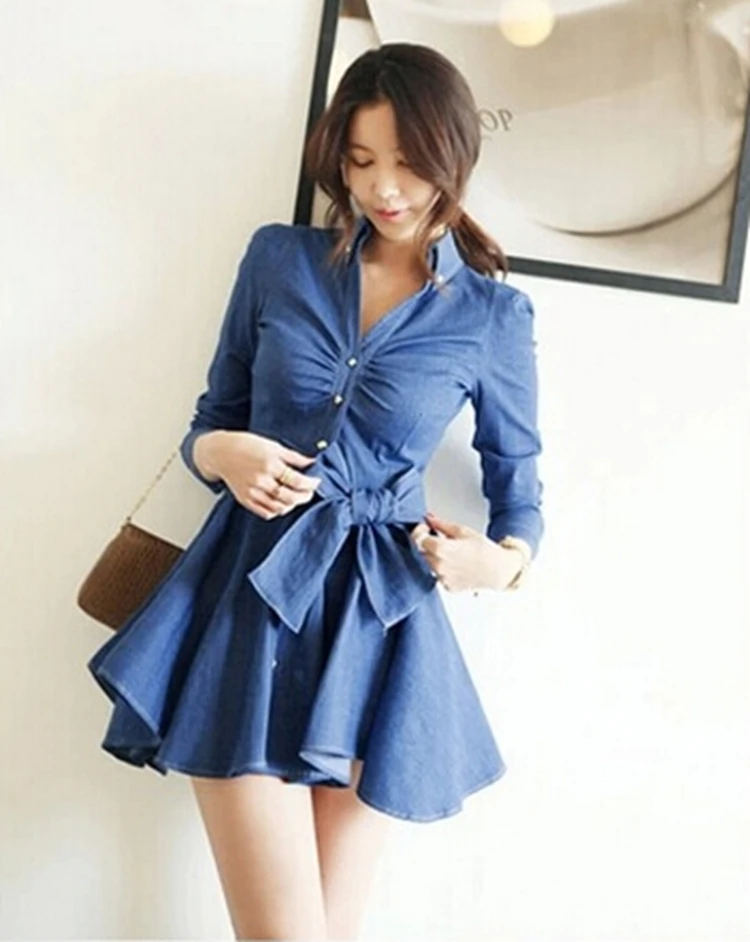 2015-Summer-Women-Denim-Dress-Sexy-Slim-Fit-Bowknot-Belt-Long-Sleeve ...