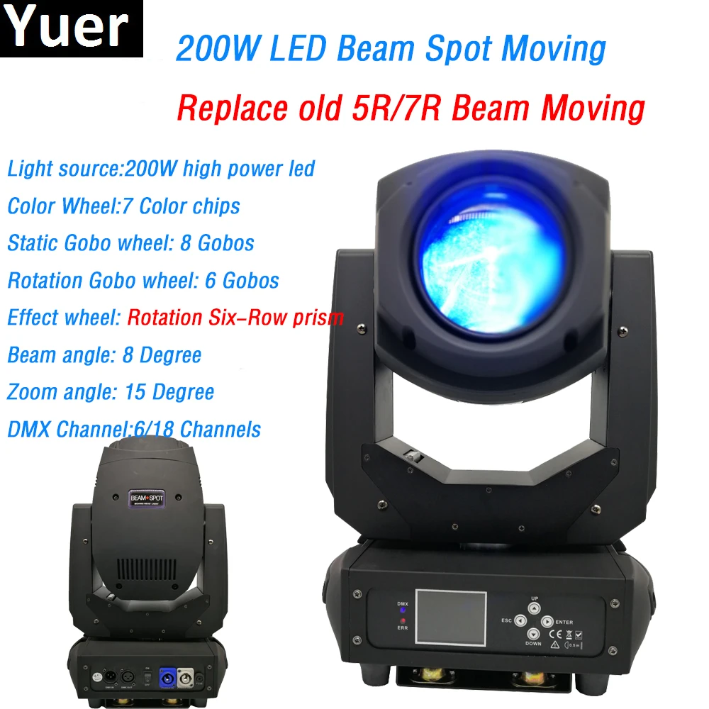 

LED 200W Beam Spot 2in1 Moving Head Light six row prism 6/18 DMX Channels one color wheel 2 Gobo wheels DJ Disco Stage light