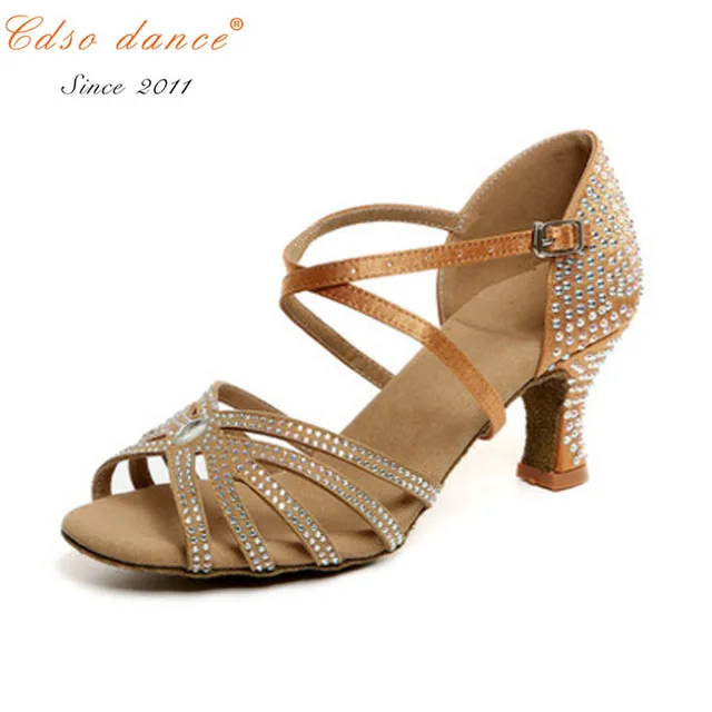 Cdso/Танцевальная брендовая атласная обувь для латиноамериканских танцев; цвет коричневый, черный; женские Стразы; обувь для сальсы; вечерние туфли для бальных танцев