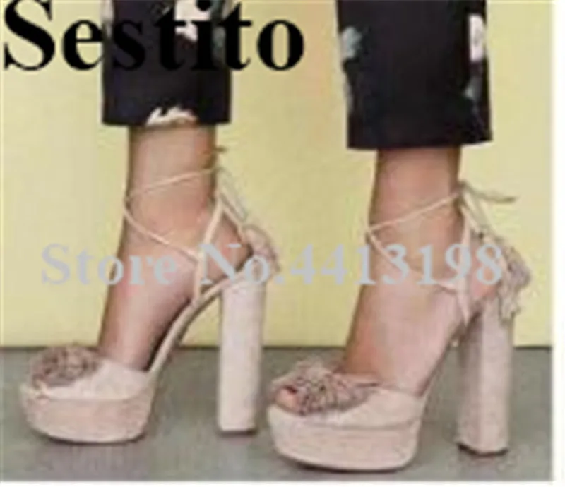 

2019 European New Fashion Cross-tied Fringe Sandals Peep Toe Hoof Heels Platform Summer Women Sandals Ankle Lace-up Women Shoes