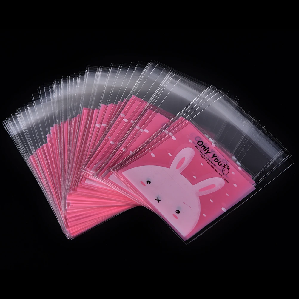 100 Pieces Plastic Clear DIY Candy Cookies Wedding Birthday Party Craft Bags Packaging Bags Cute Pink Rabbit Print Gifts Bags