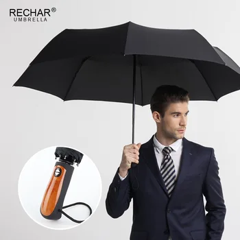 

New Imitation Wooden Handle Umbrella Rain Women Automatic Strong Wind Resistant 3Folding Umbrella Rain Man Male Quality Parasol