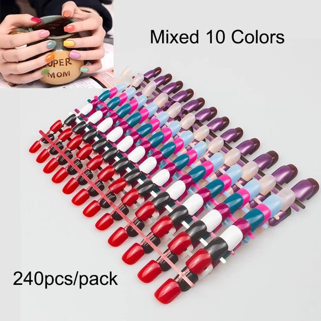 240pcs/pack Mixed 10 Colors Full Cover Nail Tips Short Design Fake