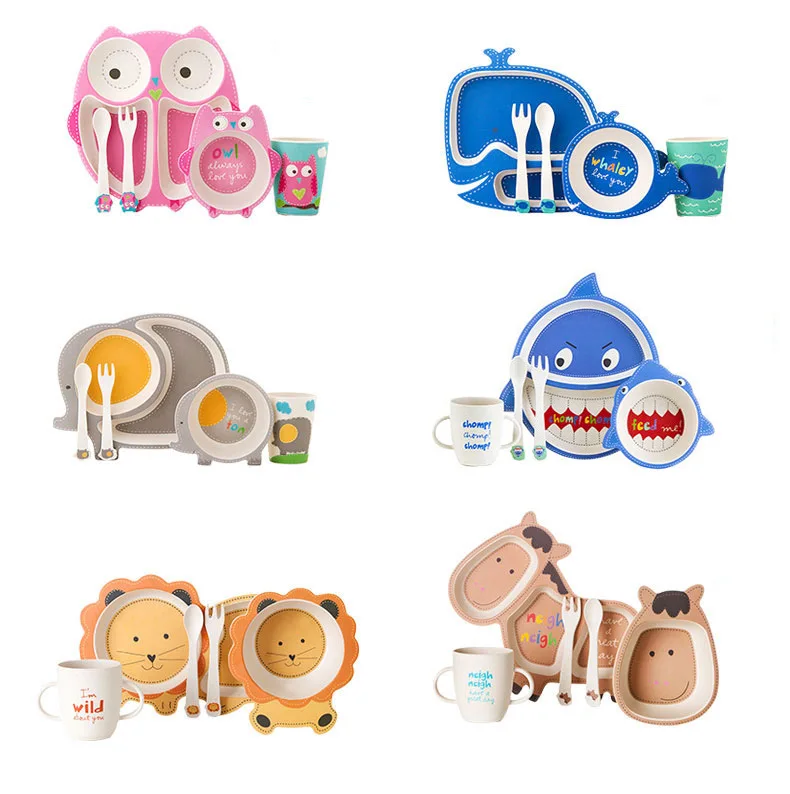 

5pcs/set Cartoon baby feeding dishes set Bamboo fiber Health environmental children tableware sets baby things Bottles BPA FREE