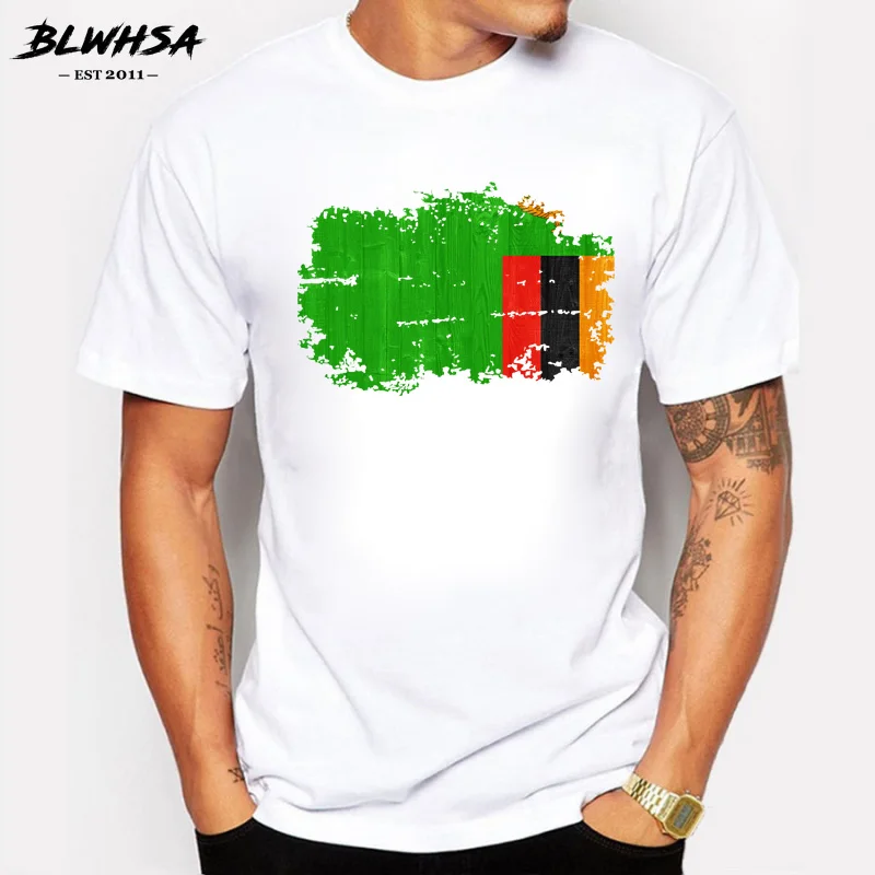 BLWHSA Zambia Men T Shirts Casual Zambia National Flag Nostalgic Style