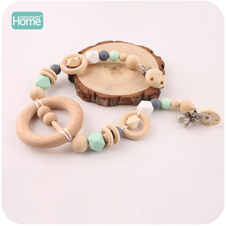 MamimamiHome Kids Toys Wooden Pacifier Clip Wooden Ring Teether Infant BPA Free Teether Baby Play Gym 5