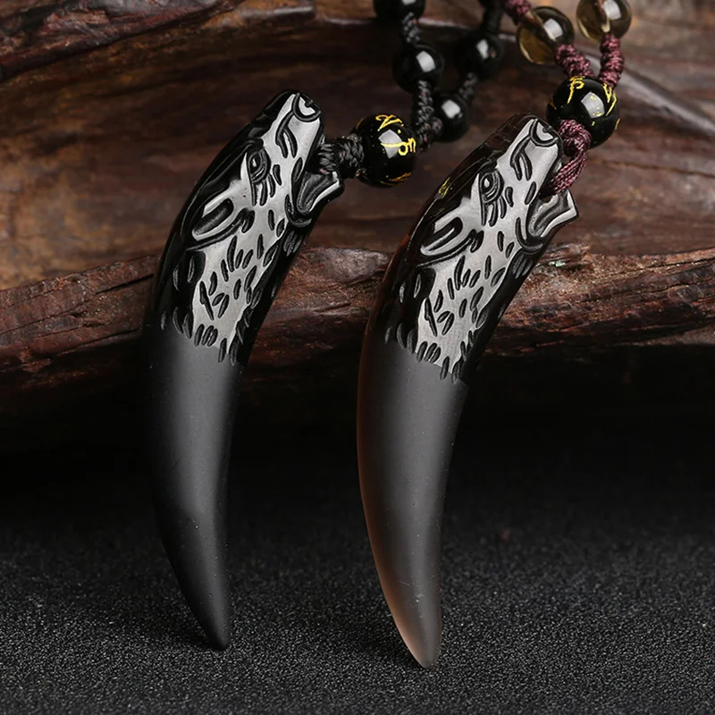 

Wolf tooth Black Obsidian Pendant Necklace Amulets And Talismans Couple Natural Stone Necklace For Women Men Lucky Jewelry