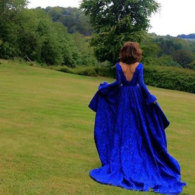 CYF4 Arabic Royal Blue Lace High Low Prom Dresses Formal Backless Long Sleeve Evening Dresses Square