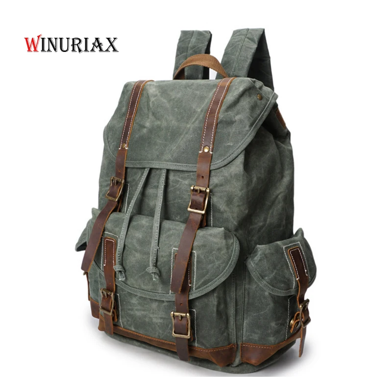 WINURIAX Oil wax canvas backpack Vintage Men bag anti friction
