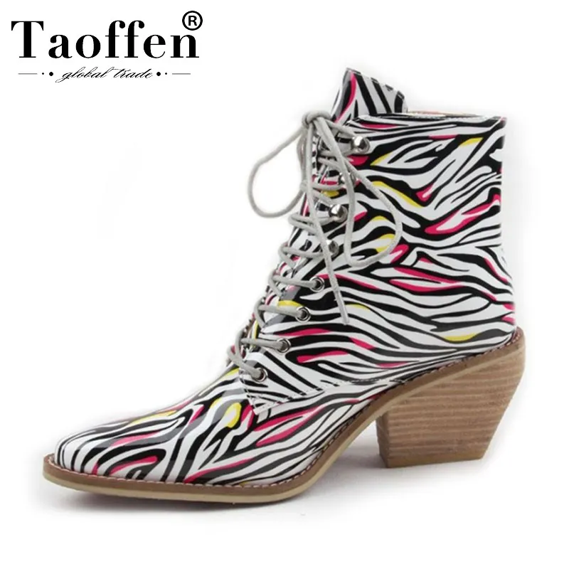 

TAOFFEN Brand New Ankle Boots Women Winter Fashion Zebra Print Lace Up Shoes Women Warm Western High Heeled Footwear Size 35-43