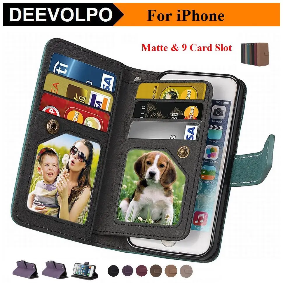 

DEEVOLPO Matte Fundas 9 Card Slot Phone Bags Cases For Apple iPhone X 8 7 Plus 6Plus 6S 5S SE Solid Color Retro Book Covers D08H