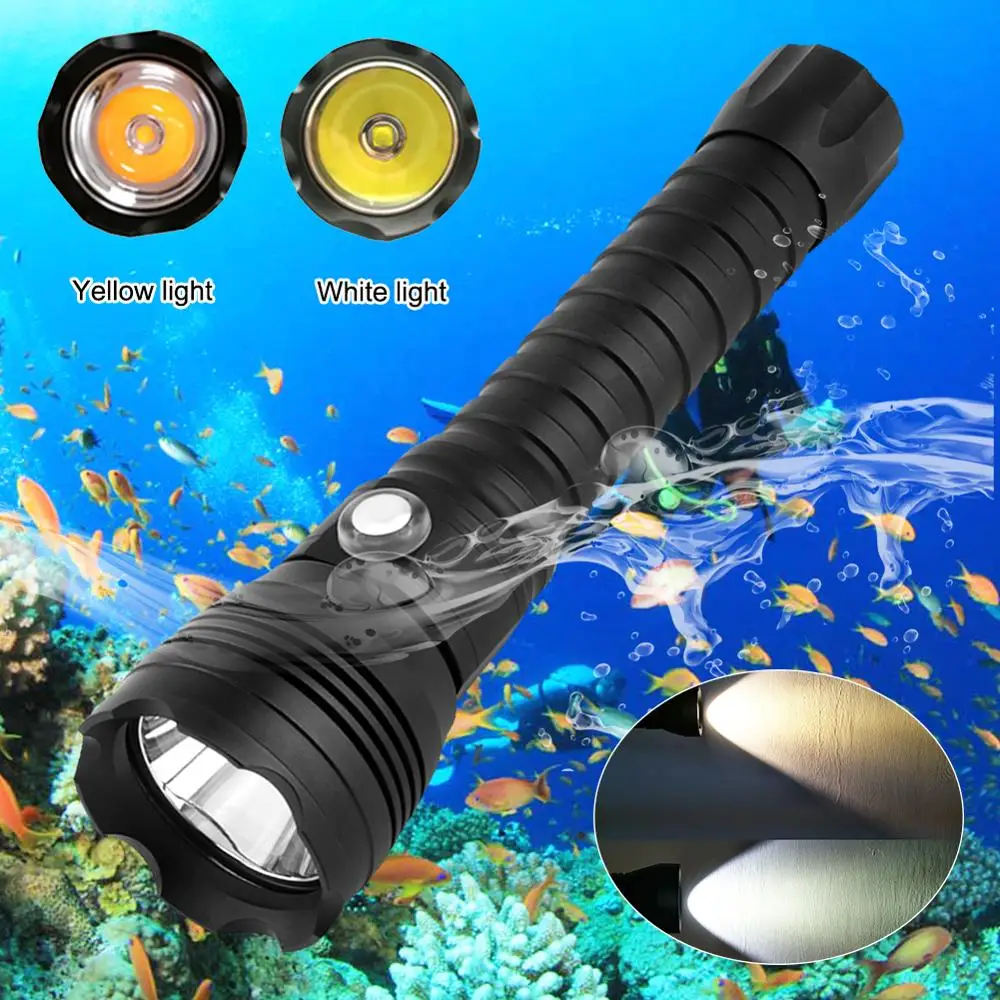 XHP70.2 LED Diving Flashlight Tactical 26650 Torch Yellow/White Light 4000 Lumen Underwater 100M Waterproof XHP70 dive lamp