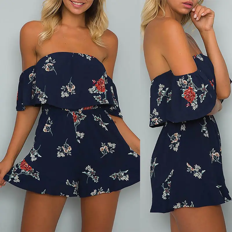 Women Ladies Off shoulder Sexy Jumpsuit Floral Printed