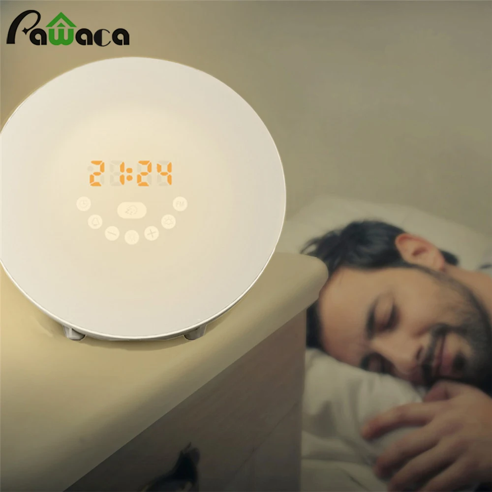 

Simulated Sunrise Sunset Wake Up Digital LED Alarm Clock FM Radio Electronic Alarm Clocks Touch Sensor Night Light Beside Lamp