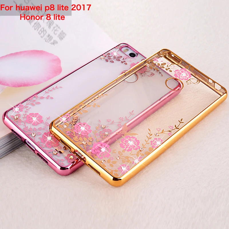 Мягкий чехол Tpu Honor 8 Lite крышка флэш бурение покрытие цветок Роскошные Алмазный основа Coque на huawei P8 Lite 2017 5,2 дюйма