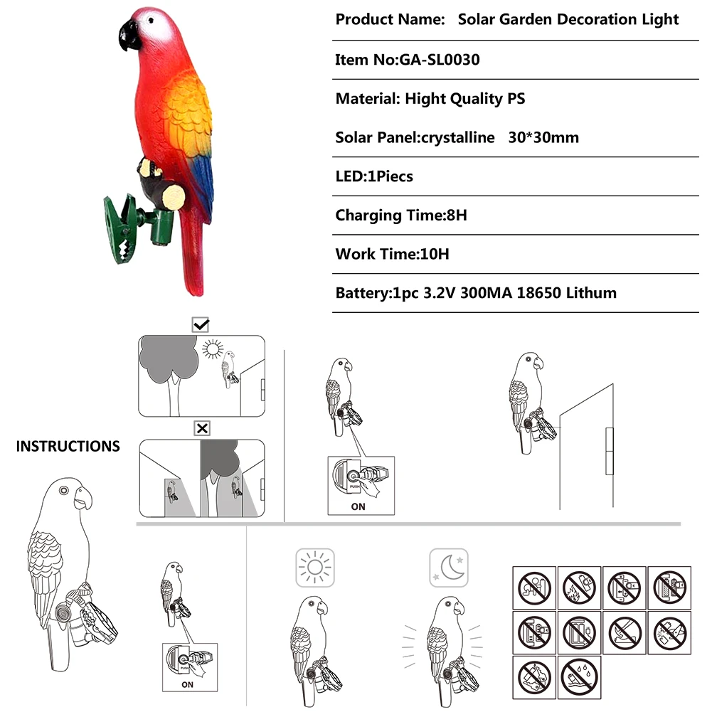 4 шт./компл. Солнечный Мощность светодиодный светильник IP44 непромокаемые лампа «попугай» с зажимом птица Форма ночной Светильник для наружного освещение садовой дорожки дерево Орнамент