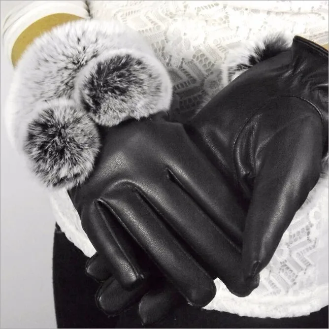 Высокое качество Женские Термальность из натуральной кожи черные перчатки зимние теплые Для женщин мех кролика перчатки овчины