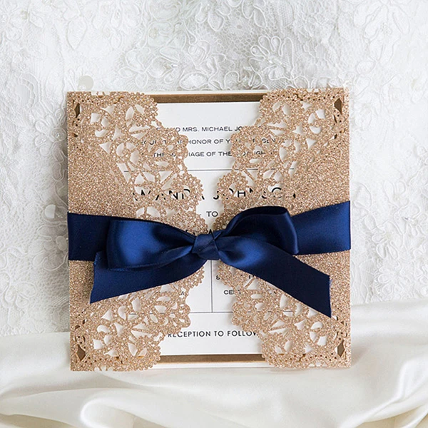 luxurious rose gold and navy blue ribbon glitter wedding invitations