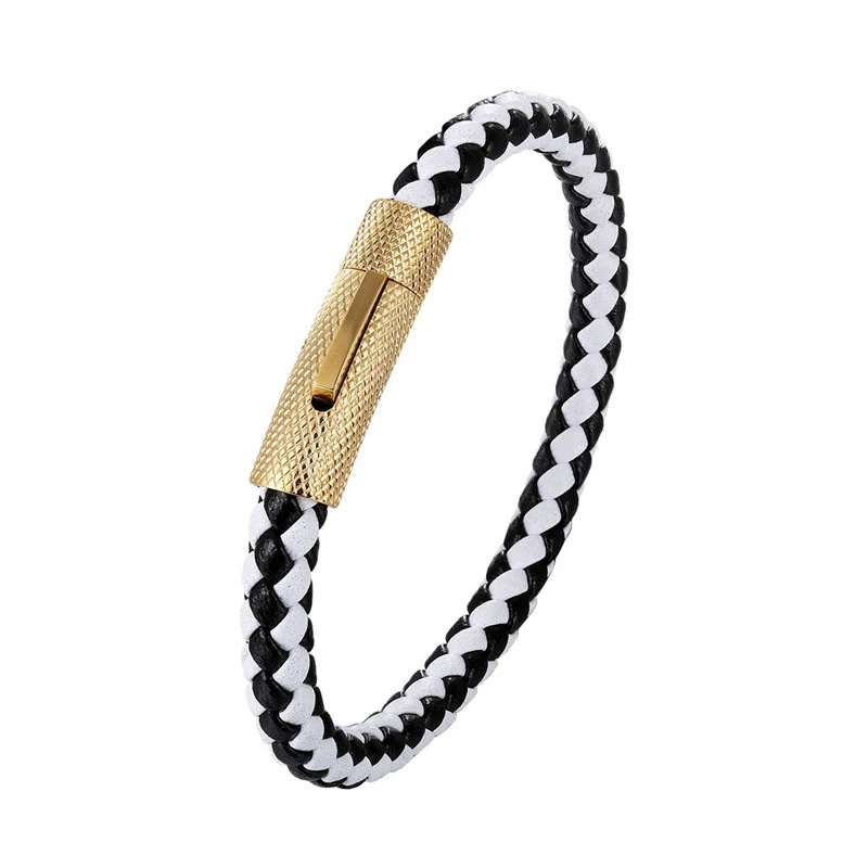 

Fashion Braided Leather Bracelets Gold Stainless Steel Clasp Bracelets Bangles Black Rope Chain Punk Wristband Homens Pulseira