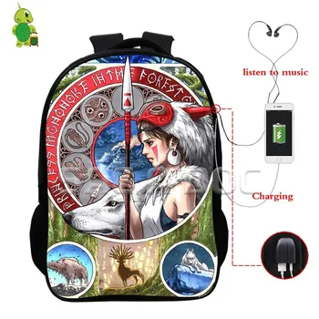 

Ghibli Mononoke Hime Backpacks Multifunction USB Charge Headphone Jack School Backpack for Teenagers Daily Laptop Backpack