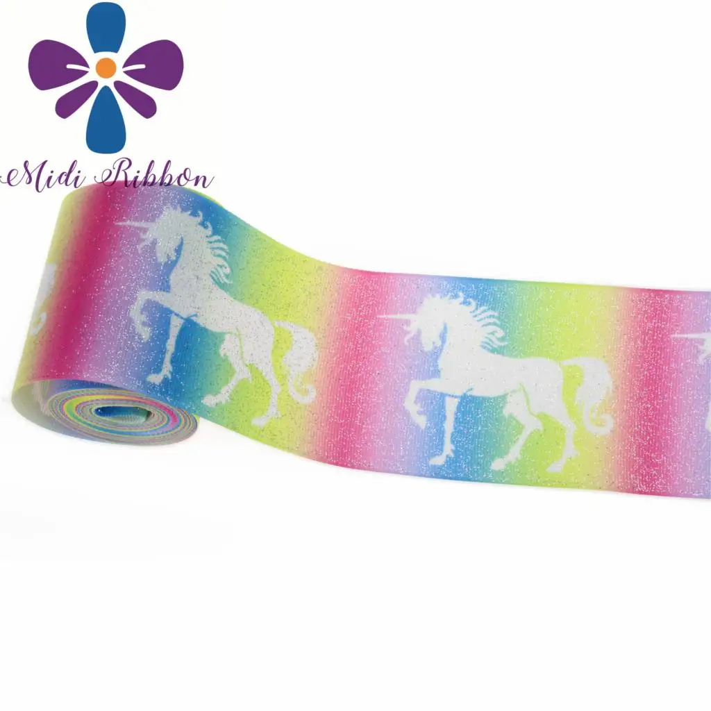 

3"75mm Full Glitter Unicorn Series Gradient Rainbow Colors Printed Grosgrain Ribbon 5yards/roll Hair Band Making