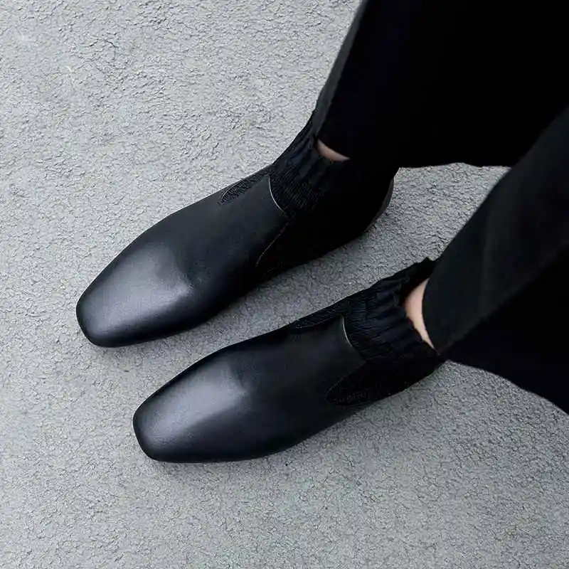 Krazing pot/красивые женские зимние сапоги из натуральной кожи на среднем каблуке с круглым носком; модные эластичные вязаные ботильоны для подиума; l57 - Color: Black