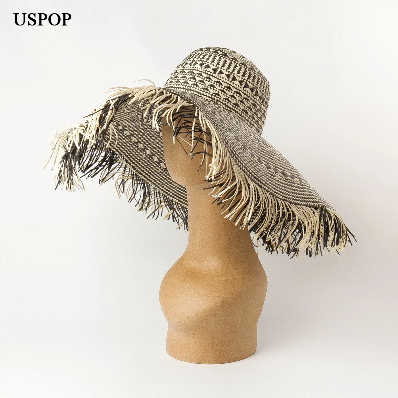 

USPOP 2019 New summer hats for women geometric pattern 17cm wide brim sun hats female rough edges beach hat