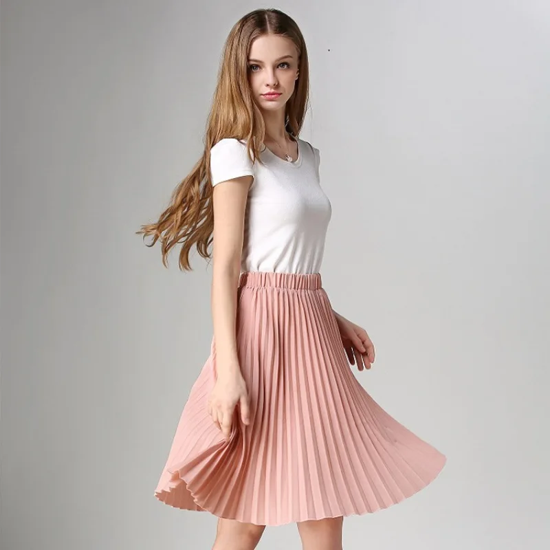 Женская плиссированная шифоновая юбка в винтажном стиле с завышенной талией, юбки-пачки для женщин s Saia Midi Rokken, летняя стильная юбка Jupe Femme - Цвет: Розовый