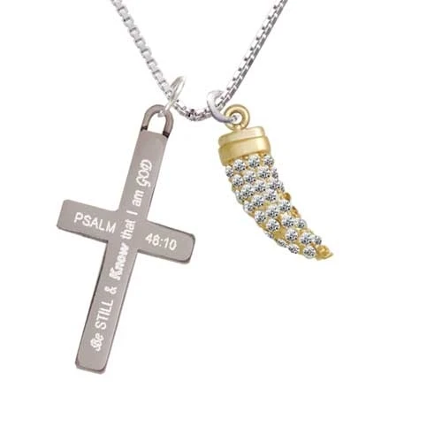 Gold Tone Large Crystal Sabre Tooth - Be Still and Know - Cross Necklace (1)