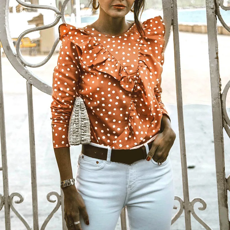 

Sexy V Backless Polk Dot Shirts Womens Casual Long Sleeve Pullover Blouses Autumn Vintage Pattern Flounced Tops WS9643U