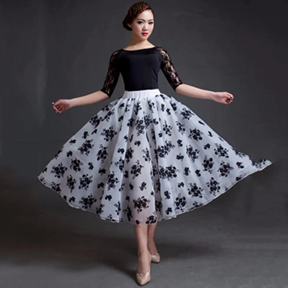 Top Quality Ladies Ballroom Dance Skirt White Flower Printing Wears