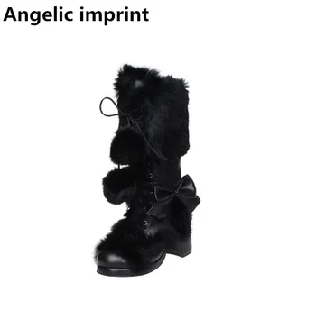 

Angelic imprint mori girl Women winter boots lady lolita ankle Boots woman princess high heels shoes real rabbit hair 33-47 8009