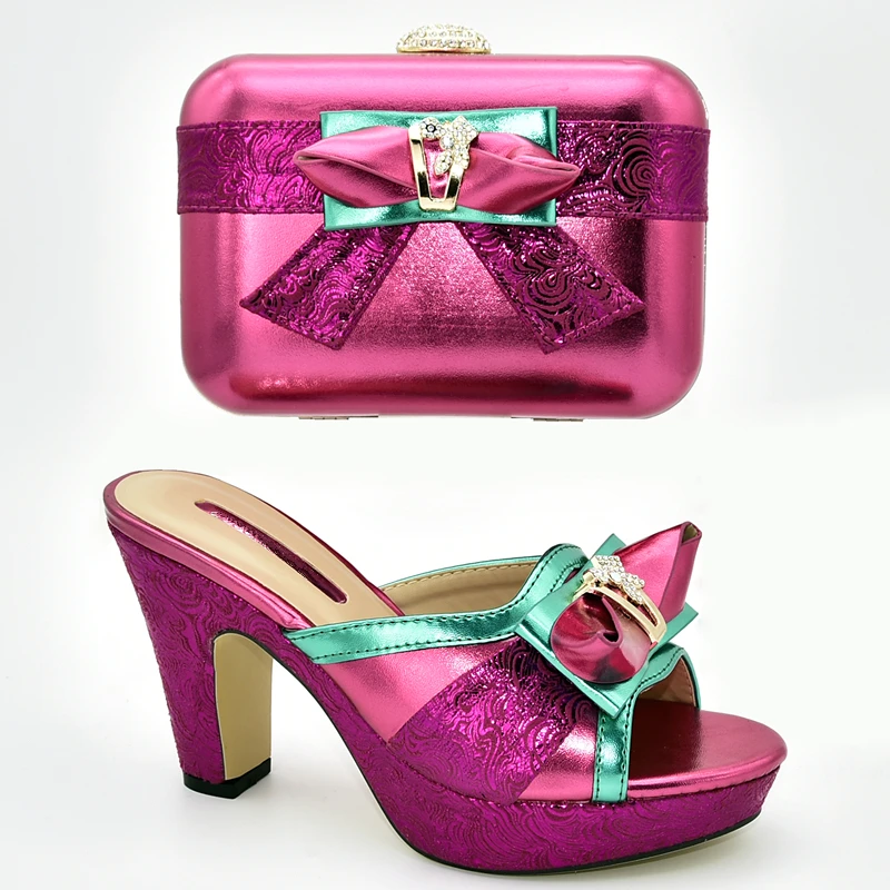 Обувь и сумка в комплекте; вечерние туфли в нигерийском стиле; роскошная женская обувь; коллекция года; свадебные туфли-лодочки со стразами; женские Босоножки на каблуке - Цвет: Fuchsia