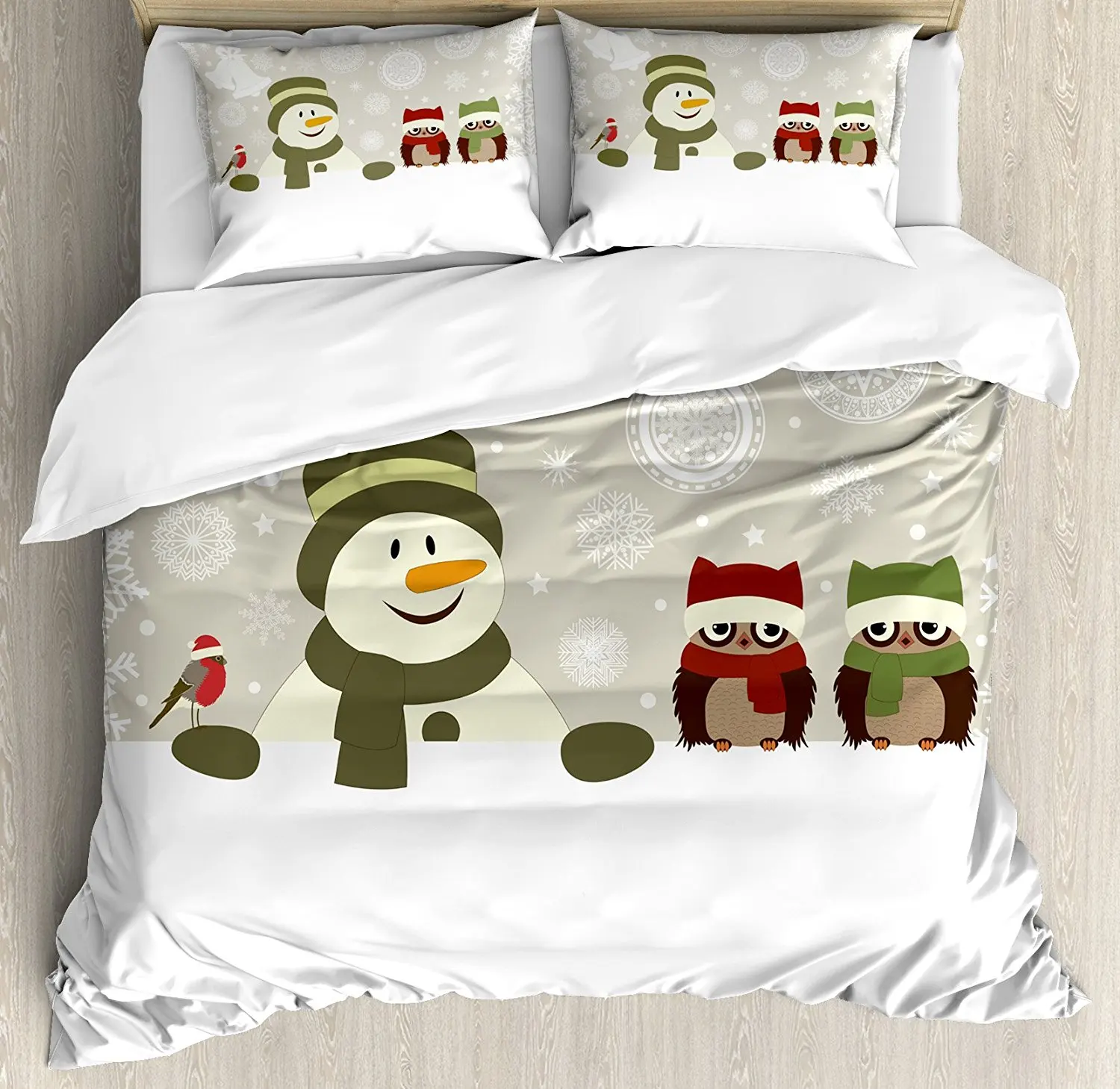 

Christmas Duvet Cover Set Snowman and Owls in Snowy Winter Day with Jingle Bells and Snowflake Figures Image Bedding Set Multi