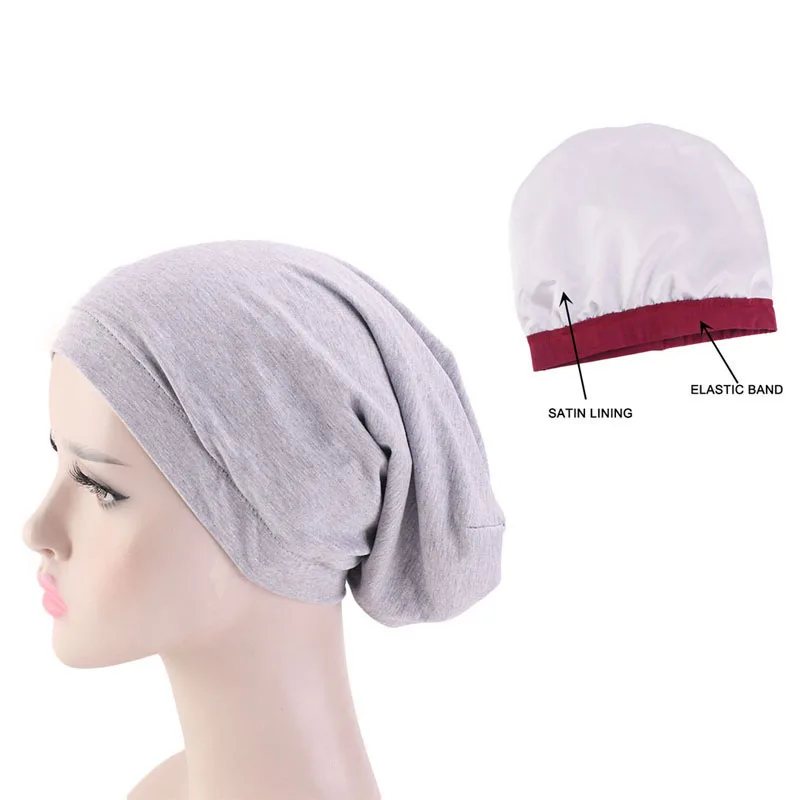 Женская атласная подкладка Кепка chemo эластичная лента Ночная шапочка для сна Рак химиотерапия шапочка при химиотерапии головной убор аксессуары для волос - Цвет: Серый
