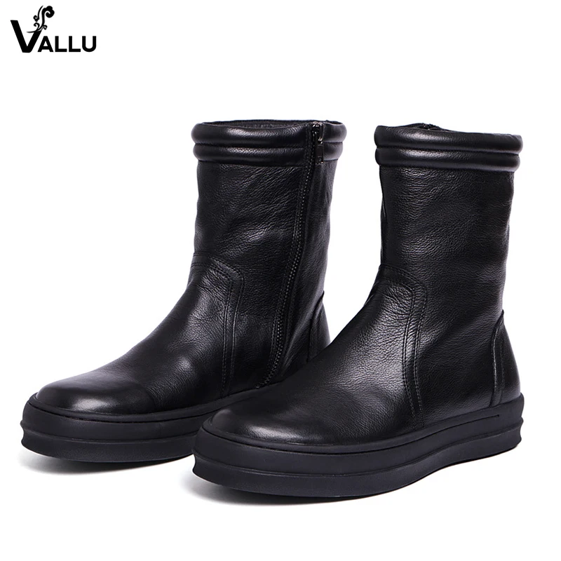 

Flat Platform Boots For Men Original Leather Famous Stylish Handmade Male Boots Round Toe Winter Solid Mans Shoes