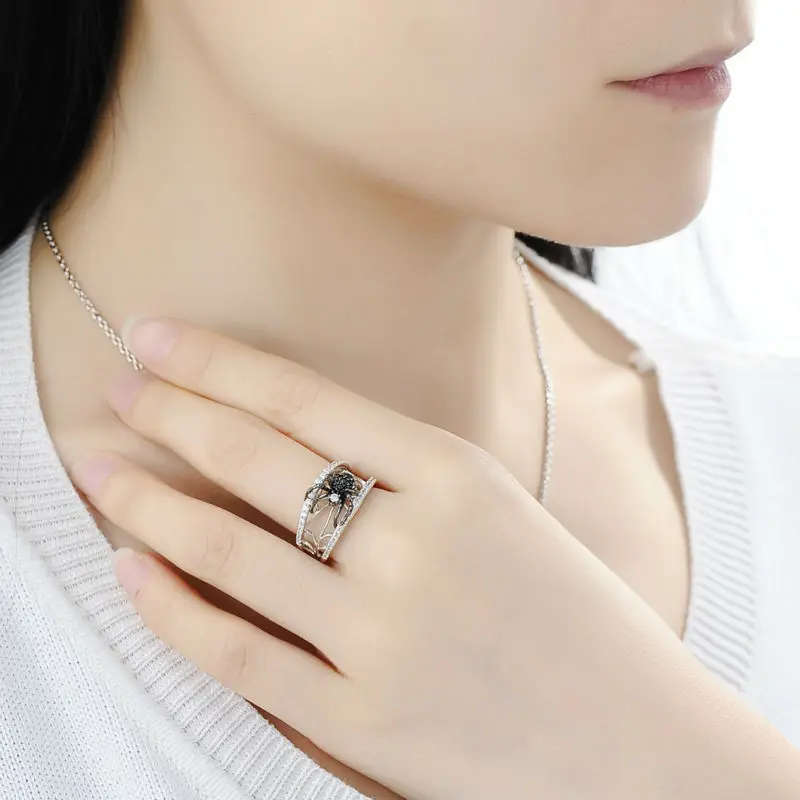 SANTUZZA Genuine 925 Sterling Silver Ring For Women Unique Rings Delicate Black Spider Ring Trendy Party Fashion Jewelry images - 6