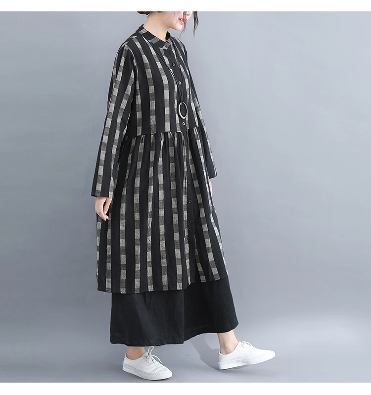 Dresses Women Dress Plus Size Long Sleeve Spring Summer Knee Length Casual Plaid Blouse Shirt Cotton Linen Dress Women 2019 6