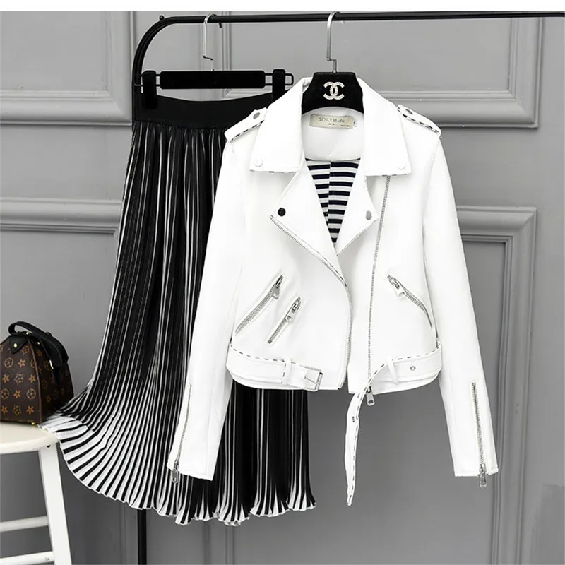 

2018 Spring White Bomber Jacket PU Leather Motorcycle Coat Short Section Slimming Style Fashion Leather Jacket Female